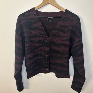 Express Purple and Black Print V Neck Cardigan Sweater, Size Medium